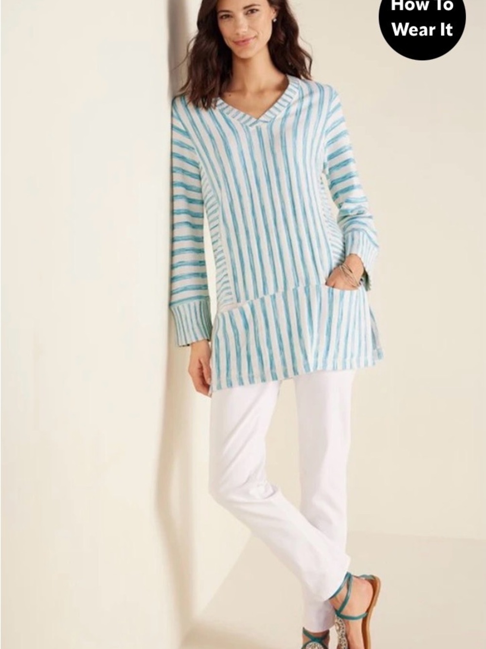 Soft Surroundings “Briza Stripe Tunic” Aqua and White Striped V-Neck Tunic